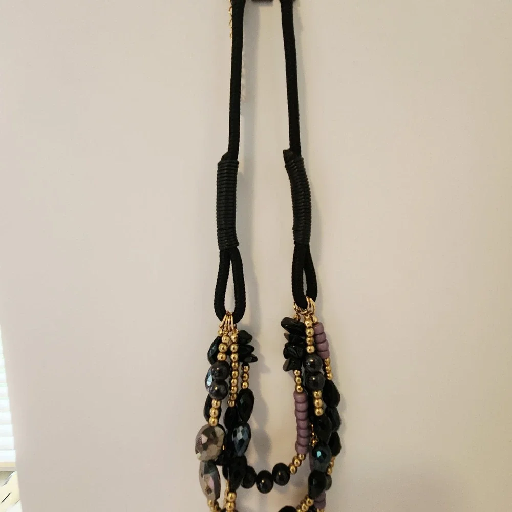 Multi Strand Statement Necklace Black Purple Gold Beaded Layered Cord Adjustable